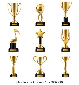 Trophy cup. Realistic golden trophy cups and prize in different shapes, triumph champions, celebration success sports winner awards vector competition set