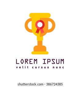 Trophy cup with ribbon in flat style. Icon gold goblet, medieval goblet. Flat symbol cup champion. Concept of victory, award, championship, achievement. Isolated cup prize, cup winner.