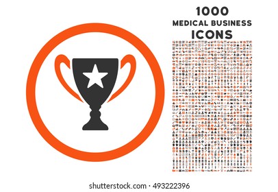 Trophy Cup rounded vector bicolor icon with 1000 medical business icons. Set style is flat pictograms, orange and gray colors, white background.