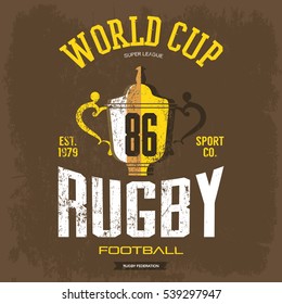 Trophy Or Cup As Rugby Or American Football Symbol. Sportswear T-shirt Or Cloth With Goblet Print Design, Branding Banner. Super League Or World Cup Advertising Or Ads, Man Sport Clothing