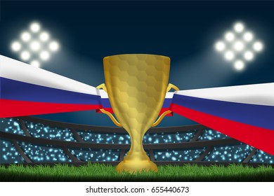 Trophy cup with Russia flag on field in soccer stadium to celebrate for football match at night time with spot light backdrop.This design for template, banner for Russia team in vector illustration