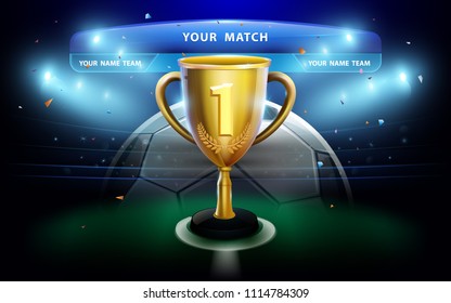 Trophy cup with scoreboard on green field and stadium background