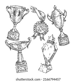 trophy cup set hand drawn vector. award winner, champion prize, victory win, sport competition, first place medal trophy cup sketch. isolated black illustration