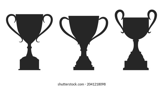 Trophy cup set of icons collection for app, web, or presentation. Simple flat minimalistic winning symbols isolated on white. Winner, victory, award, or first place cup signs. Vector illustration