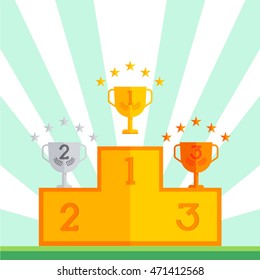 Trophy Cup Set on the Podium Vector Illustration