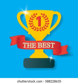 Trophy cup with  shadow. Icon gold goblet, medieval goblet with ribbon and text the best. Symbol cup champion on blue background