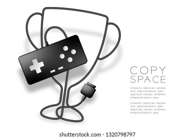 Trophy Cup shape made from cable Retro Gamepad or joypad black color, Game winner concept design illustration isolated on white background, with copy space, vector eps 10