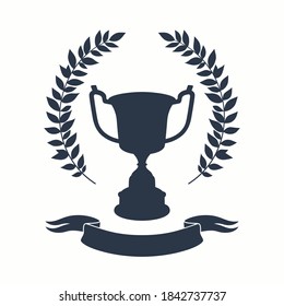 Trophy cup silhouette. Black silhouette of award cup with laurel wreath and ribbon on white background - 1st place winner trophies. Flat style vector illustration.