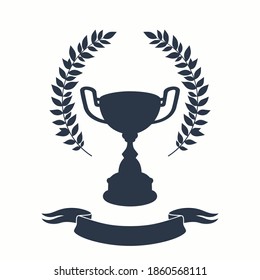 Trophy cup silhouette. Black silhouette of award cup with laurel wreath and ribbon on white background - 1st place winner trophies. Flat style vector illustration.
