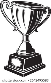 Trophy cup silhouette with rounded bottom and wide handles, black award icon featuring front nameplate for clean flat stock image listings