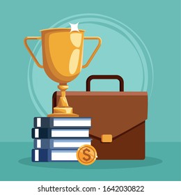 trophy cup with stack of books and business portfolio over blue background, colorful design, vector illustration