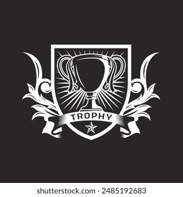 Taza de trofeo de pie en escudo con Anuncio y adorno floral, emblema heráldico de estilo retro