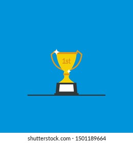 Trophy cup star with handles and blank nameplate isolated on blue background flat icon design. Gold champion and winners cup concept. A feather in one's cap. Award sign vector and illustration.