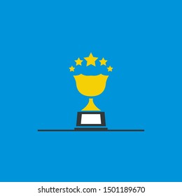 Trophy cup star with handles and blank nameplate isolated on blue background flat icon design. Gold champion and winners cup concept. A feather in one's cap. Award sign vector and illustration.