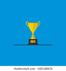 Trophy cup star with handles and blank nameplate isolated on blue background flat icon design. Gold champion and winners cup concept. A feather in one's cap. Award sign vector and illustration.