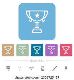 Trophy cup with star outline white flat icons on color rounded square backgrounds. 6 bonus icons included