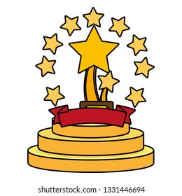 Trophy cup with stars and ribbon banner on podium