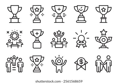 Trophy cup. Success and business achievements related editable stroke outline icon set isolated flat vector illustration white background