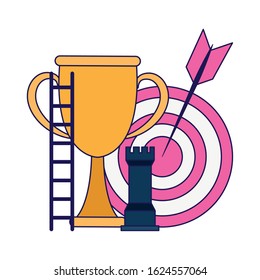 trophy cup with target and rook piece over white background, colorful design, vector illustration