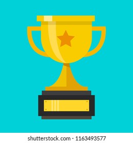 Trophy Cup Vector Flat Icon with star on cyan background.