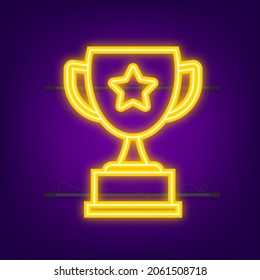 Trophy Cup Vector Flat Icon with star and laurel wreath. Neon icon. Vector illustration