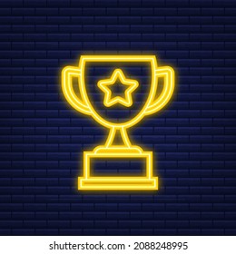 Trophy Cup Vector Flat Icon with star and laurel wreath. Neon icon. Vector illustration.