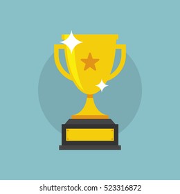 Trophy Cup Vector Flat Icon with star on cyan background
