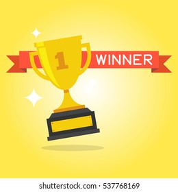 Trophy Cup Vector Flat Icon with number one and red ribbon on yellow background
