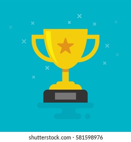 Trophy Cup Vector Flat Icon with star on cyan background