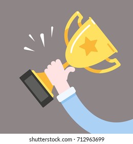 Trophy Cup Vector Flat Icon with number one. Male hand holding winner's cup. Winner trophy awards. Trophy cup flat icon. Winner cup vector illustration 