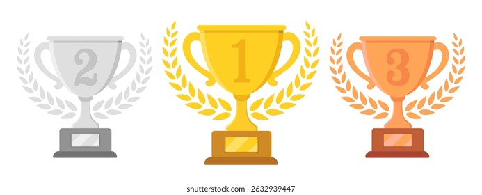 Trophy cup vector icon set. Gold silver and bronze award with laurel wreath in flat style for tournament. Winner symbol illustration