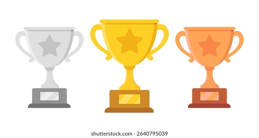 Trophy cup vector icon set. Gold silver and bronze award with star shape in flat style for competition. Winner symbol illustration