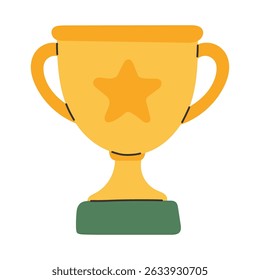 Trophy cup vector illustration in flat cartoon style with a golden star emblem and green base. Ideal for educational designs, student achievement graphics, classroom rewards, sports award printables.