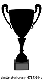 Trophy Cup vector silhouette illustration. Goblet on winner stand. Beaker icon.