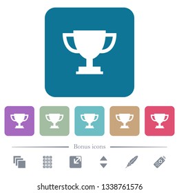 Trophy cup white flat icons on color rounded square backgrounds. 6 bonus icons included