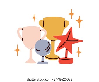 Trophy cup, winner award, achievement star composition. Success rewards, winning goblets for first places. Victory and leadership concept. Flat vector illustration isolated on white background