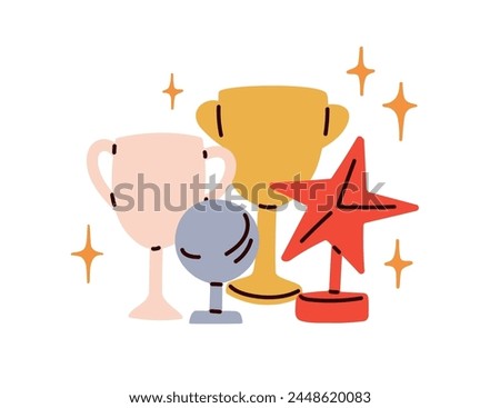 Trophy cup, winner award, achievement star composition. Success rewards, winning goblets for first places. Victory and leadership concept. Flat vector illustration isolated on white background