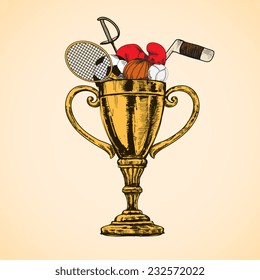Trophy cup winner prize full of sport equipment sketch vector illustration