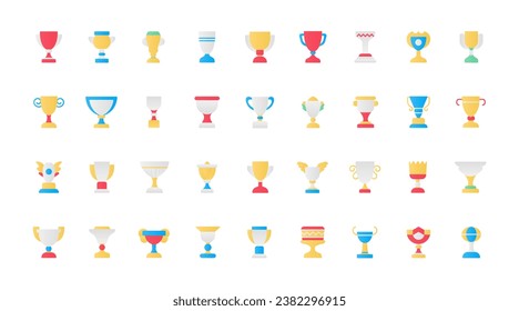 Cups de trofeo, iconos planos de premio conjunto ilustración vectorial. Resumen de la colección de símbolos de trofeos, recompensa para campeones deportivos y ganadores en un campeonato, premio de goblet para un equipo de fútbol.