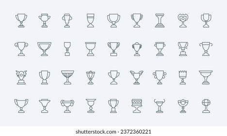 Trophy cups, award line icons set vector illustration. Abstract thin outline trophee symbols collection, reward for sports champions and winners in championship, goblet prize for football team