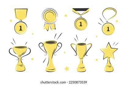 Trophy cups, awards, medals, podium winners and diploma set. Hand drawn award icons. Vector illustrations isolated on white background.