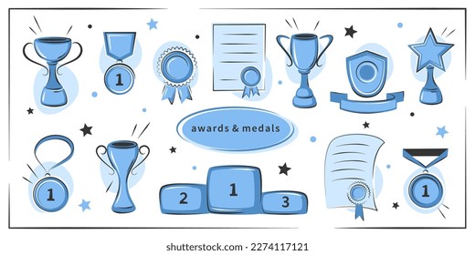 Trophy cups, awards, medals, podium winners and diploma set. Hand drawn award icons. Vector illustrations isolated on white background.