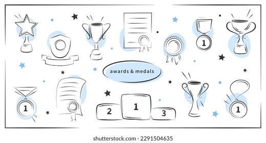 Trophy cups, awards, medals, podium winners and diploma set. Hand drawn award icons. Vector illustrations isolated on white background.