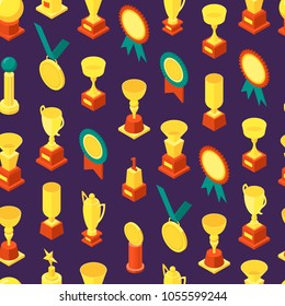 Trophy Cups Awards Seamless Pattern Background Isometric View Symbol of Success Sport Competition. Vector illustration of Golden Cup Award