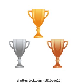 Trophy cups in gold, silver and bronze icons for web and mobile design