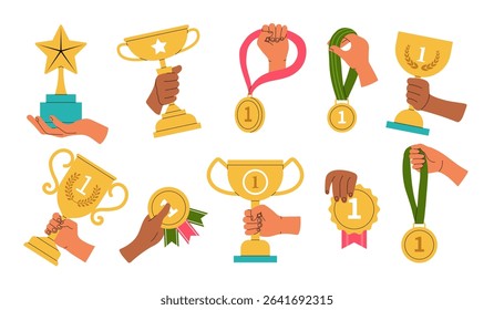 Trophy cups. Golden awards in hands recent vector sport badges championship medals and cups collection
