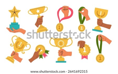 Trophy cups. Golden awards in hands recent vector sport badges championship medals and cups collection