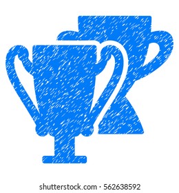 Trophy Cups grainy textured icon for overlay watermark stamps. Flat symbol with dust texture. Dotted vector blue ink rubber seal stamp with grunge design on a white background.