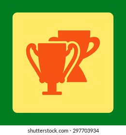 Trophy cups icon from Award Buttons OverColor Set. Icon style is orange and yellow colors, flat rounded square button, green background.
