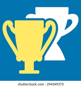 Trophy cups icon from Competition & Success Bicolor Icon Set. Vector style: flat bicolor symbols, yellow and white colors, rounded angles, blue background.